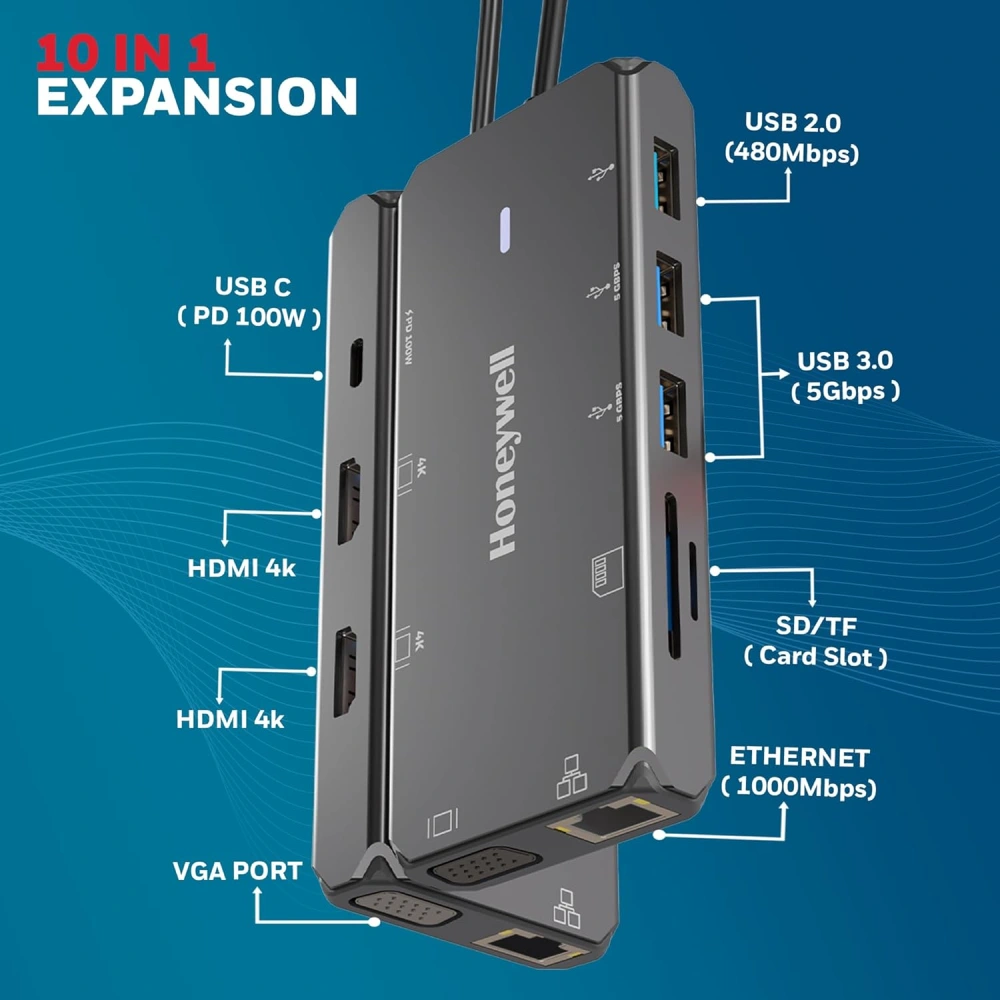 Honeywell Type C Docking Station 10 in 1 (USB | Type C | HDMI | Lan | VGA | SD Card) (Open Box) view 2